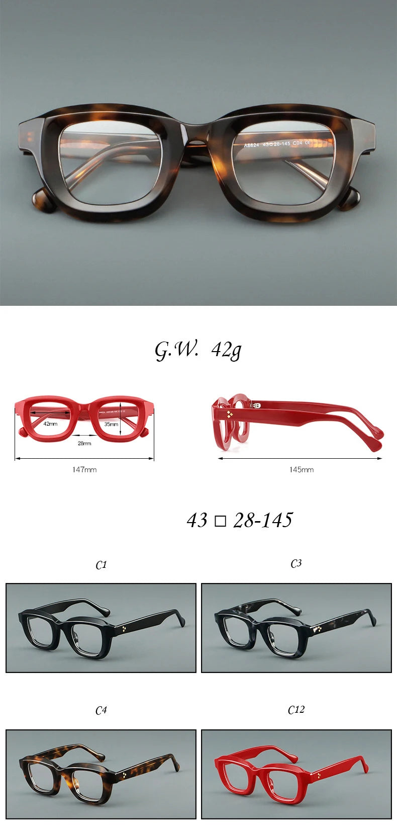 CCspace Unisex Full Rim Thick Square Tr 90 Alloy Reading Glasses 3212