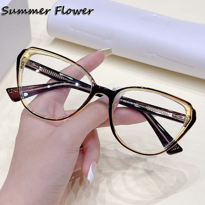 Summer Flower Women's Full Rim Oval Cat Eye Tr 90 Titanium Eyeglasses 87883 Full Rim Summer Flower Brown Yellow