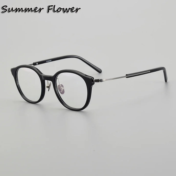 Summer Flower Women's Full Rim Round Acetate Titanium Eyeglasses 742003 Full Rim Summer Flower Black