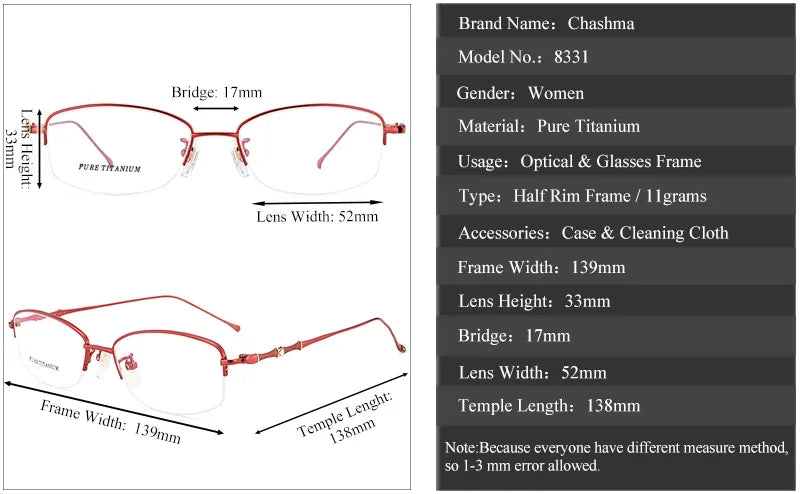 Chashma Women's Semi Rim Oval Square Titanium Eyeglasses 888331