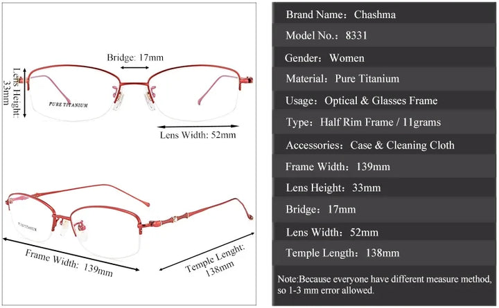 Chashma Women's Semi Rim Oval Square Titanium Eyeglasses 888331