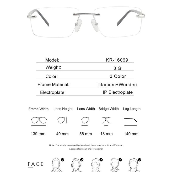 Hdcrafter Men's Rimless Square Titanium Eyeglasses 16068 Rimless Hdcrafter Eyeglasses   