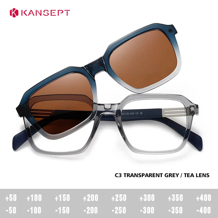 Kansept Unisex Full Rim Square Tr 90 Titanium Reading Glasses Clip On Sunglasses 33106