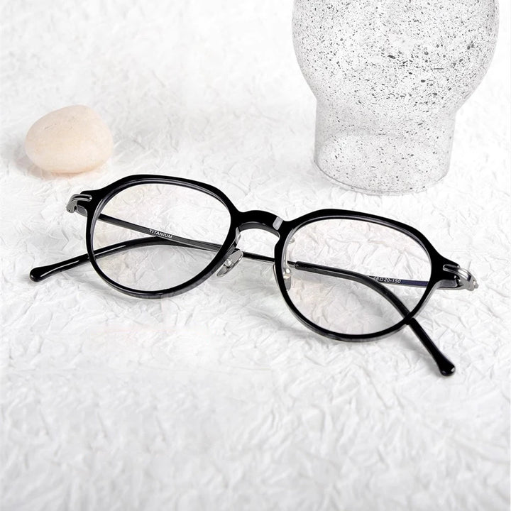 Black Mask Unisex Full Rim Flat Top Oval Titanium Acetate Eyeglasses 19834
