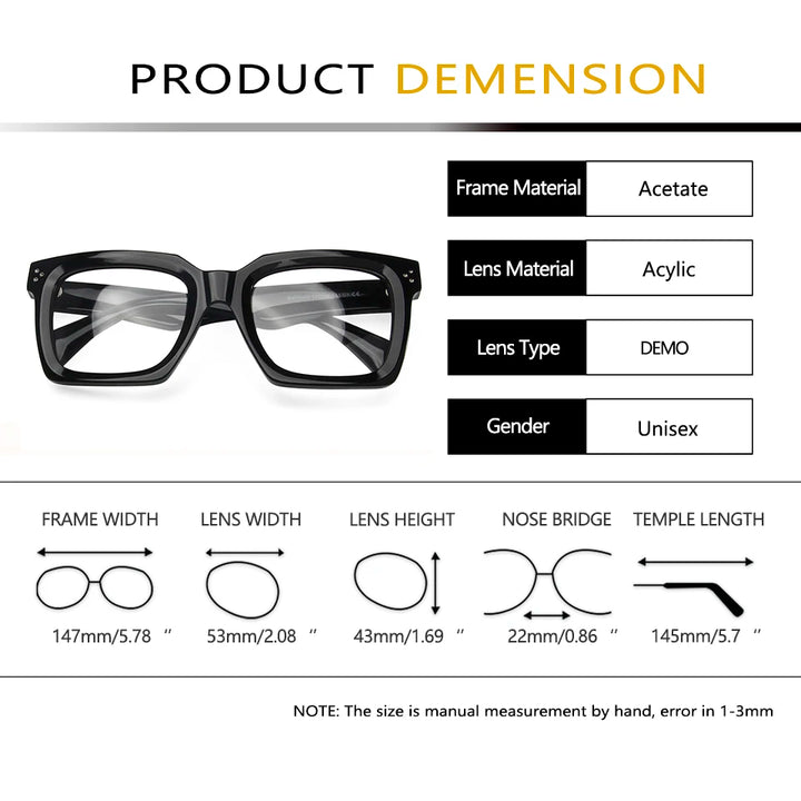 Esnbie Unisex Full Rim Square Thick Acetate Eyeglasses 246005