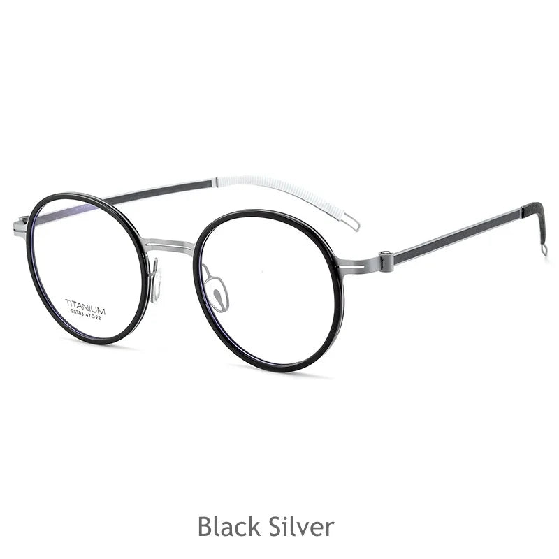 KatKani Women's Full Rim Round Titanium Acetate Eyeglasses 98383 Full Rim KatKani Eyeglasses Black Silver  