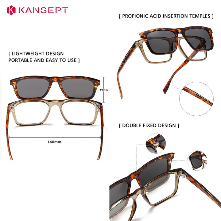Kansept Unisex Full Rim Square Tr 90 Alloy Reading Glasses Clip On Sunglasses 34202