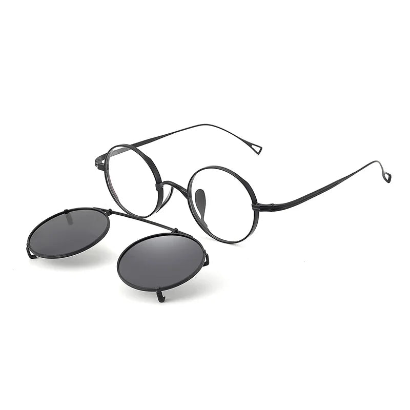 Black Mask Women's Full Rim Round Titanium Eyeglasses Clip On Sunglasses 310518