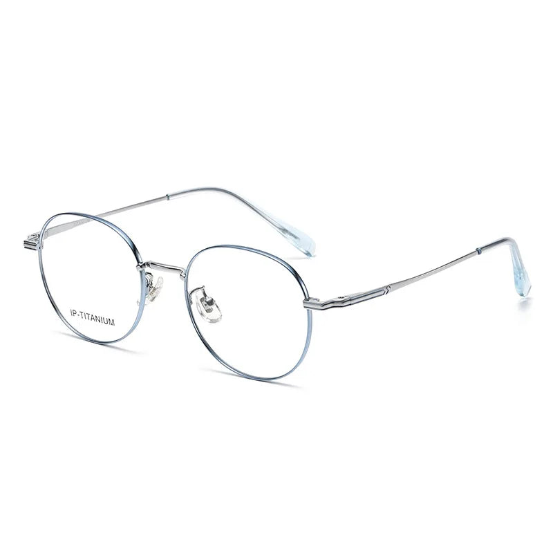 KatKani Unisex Full Rim Flat Top Round Titanium Eyeglasses 98587 Full Rim KatKani Eyeglasses Blue Silver  