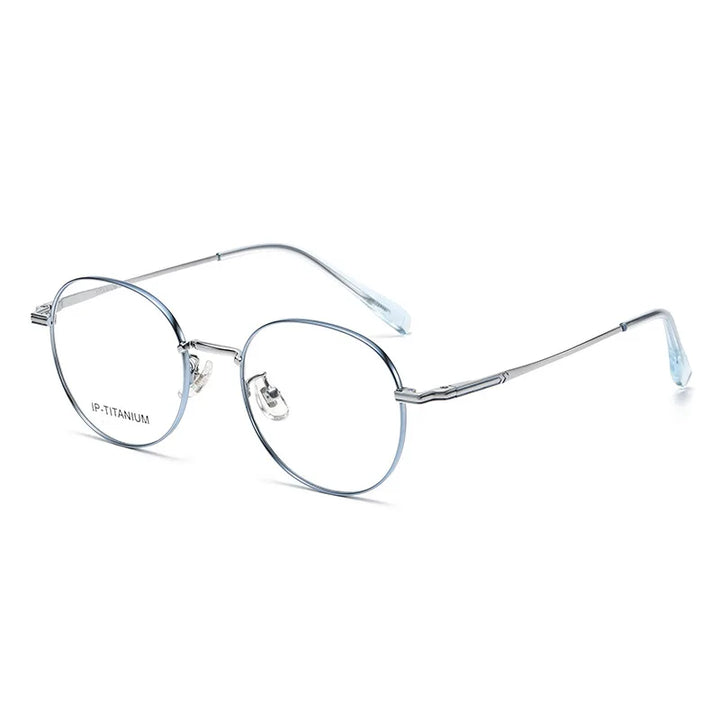 KatKani Unisex Full Rim Flat Top Round Titanium Eyeglasses 98587 Full Rim KatKani Eyeglasses Blue Silver  