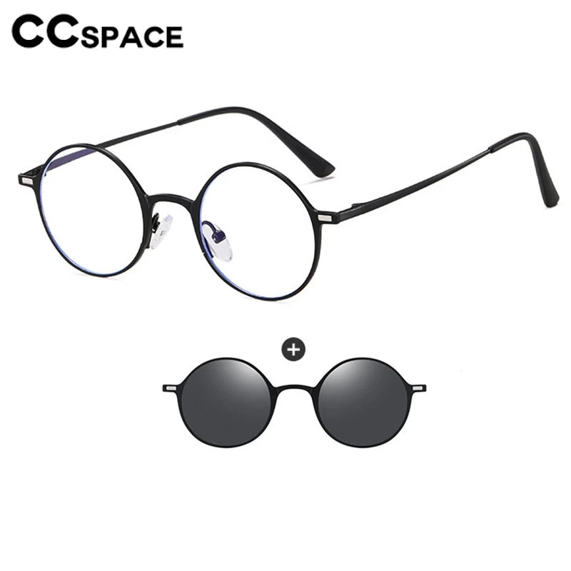 CCspace Women's Full Rim Round Alloy Eyeglasses Clip On Sunglasses 302147 With Clip Ons CCspace   