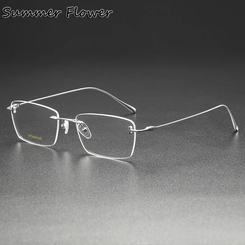 Summer Flower Unisex Rimless Polygon Square Titanium Eyeglasses 85678 Rimless Summer Flower Silver