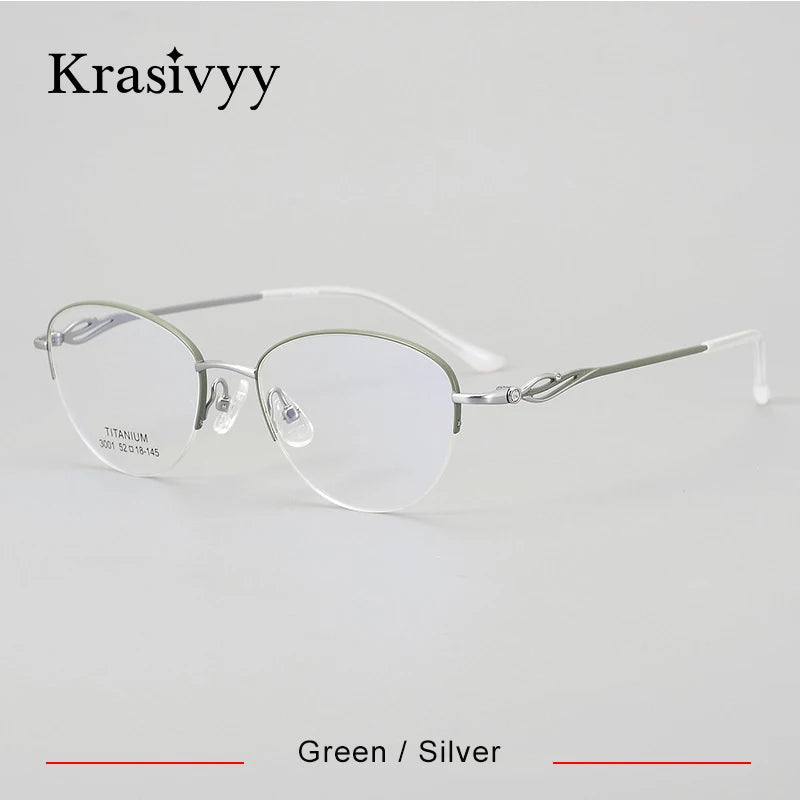 Krasivyy Women's Semi Rim Oval Cat Eye Titanium Eyeglasses 443001 Semi Rim Krasivyy Green Silver  