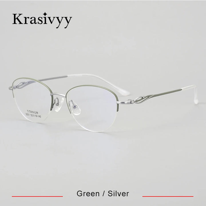 Krasivyy Women's Semi Rim Oval Cat Eye Titanium Eyeglasses 443001 Semi Rim Krasivyy Green Silver  