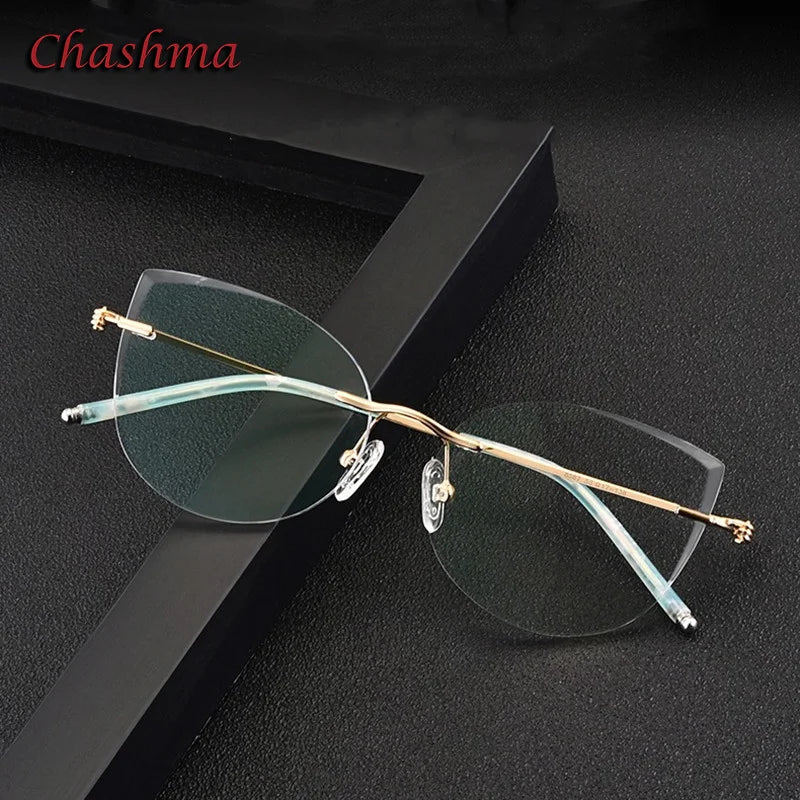 Chashma Ochki Unisex Rimless Round Cat Eye Titanium Eyeglasses 8587 Rimless Chashma Ochki Gold Green Shape E  