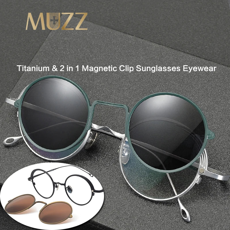 Muzz Unisex Full Rim Round Titanium Eyeglasses Clip On Sunglasses 41008 With Clip Ons Muzz