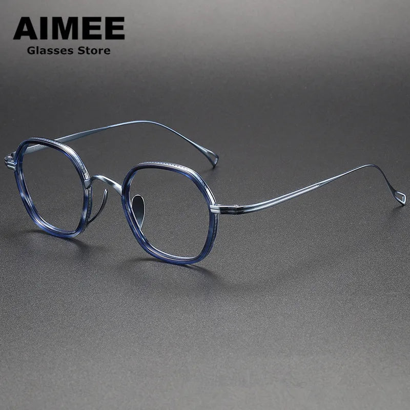 Aimee Unisex Full Rim Polygon Square Titanium Acetate Eyeglasses 80873 Full Rim Aimee Blue-Tortoise  