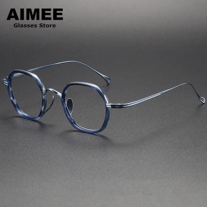 Aimee Unisex Full Rim Polygon Square Titanium Acetate Eyeglasses 80873 Full Rim Aimee Blue-Tortoise  