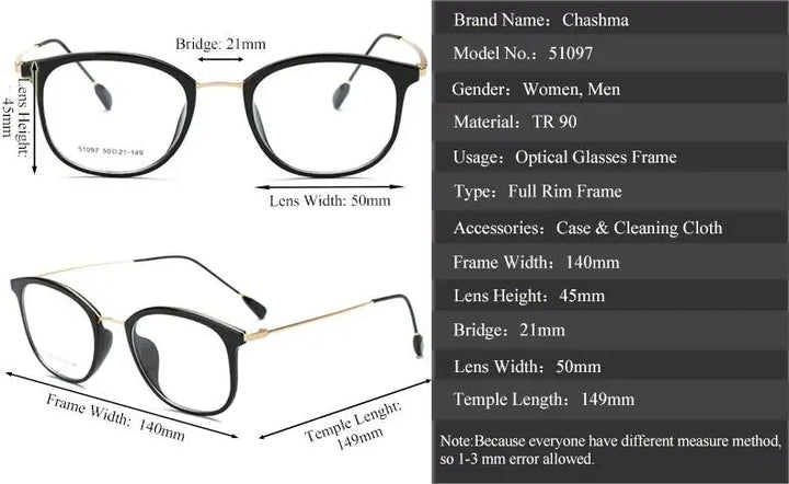 Chashma Unisex Full Rim Square Tr 90 Titanium Eyeglasses 51097