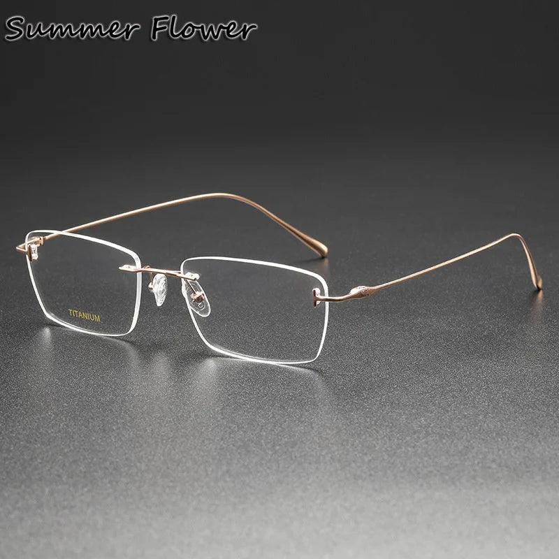 Summer Flower Unisex Rimless Polygon Square Titanium Eyeglasses 85678 Rimless Summer Flower Rose Gold