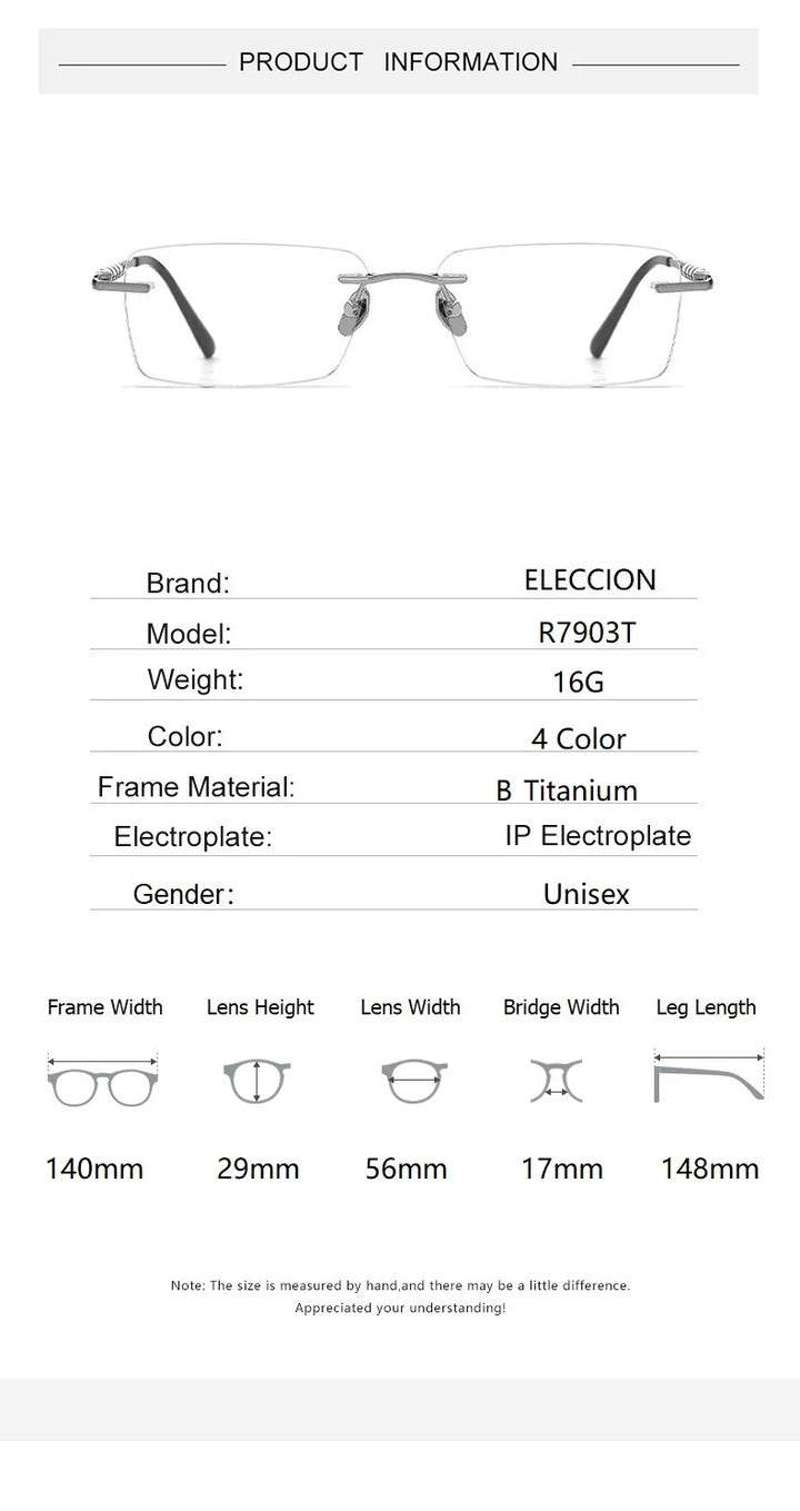 Eleccion Unisex Rimless Square Titanium Eyeglasses 7903