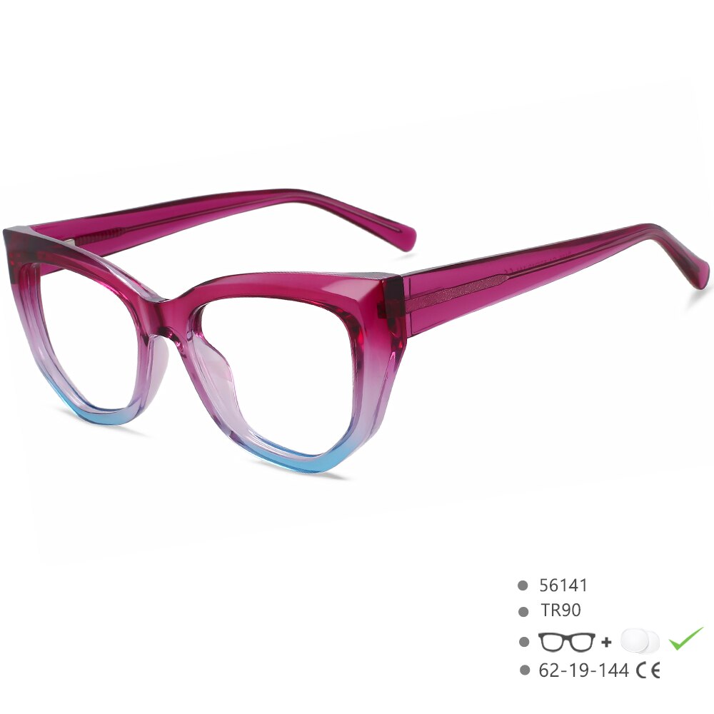 CCspace Women's Full Rim Square Cat Eye Tr 90 Titanium Eyeglasses 56141 Full Rim CCspace China BluePink 