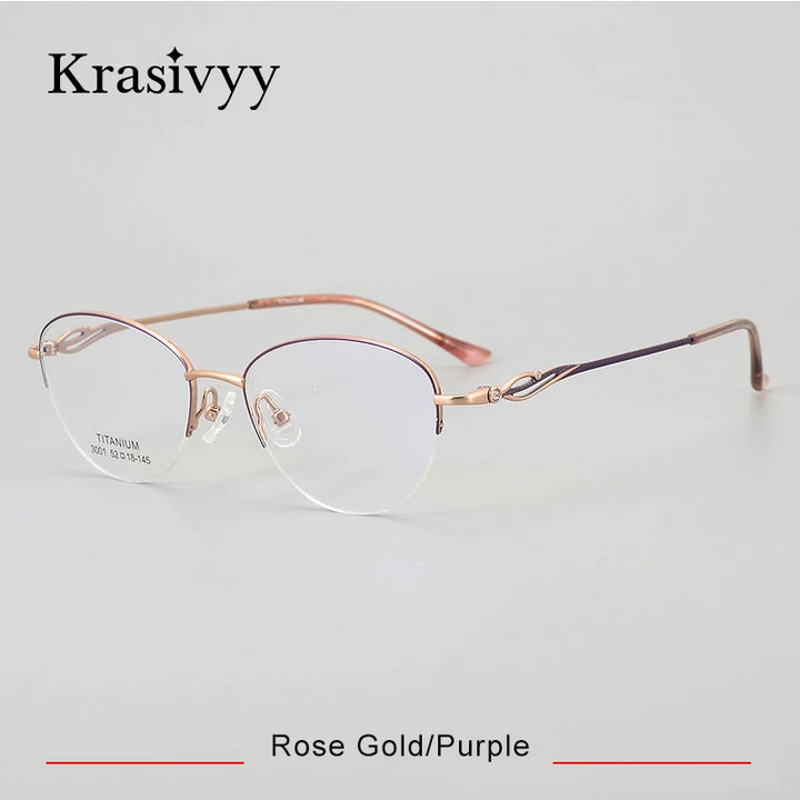 Krasivyy Women's Semi Rim Oval Cat Eye Titanium Eyeglasses 443001 Semi Rim Krasivyy Rose Gold Purple  