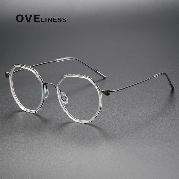 Oveliness Unisex Full Rim Flat Top Round Acetate Titanium Eyeglasses 80889 Full Rim Oveliness clear gun  