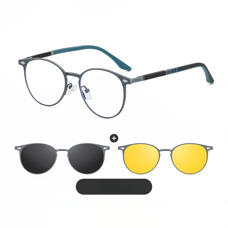 Momoja Women's Full Rim Round Steel Eyeglasses Clip On Sunglasses 77043