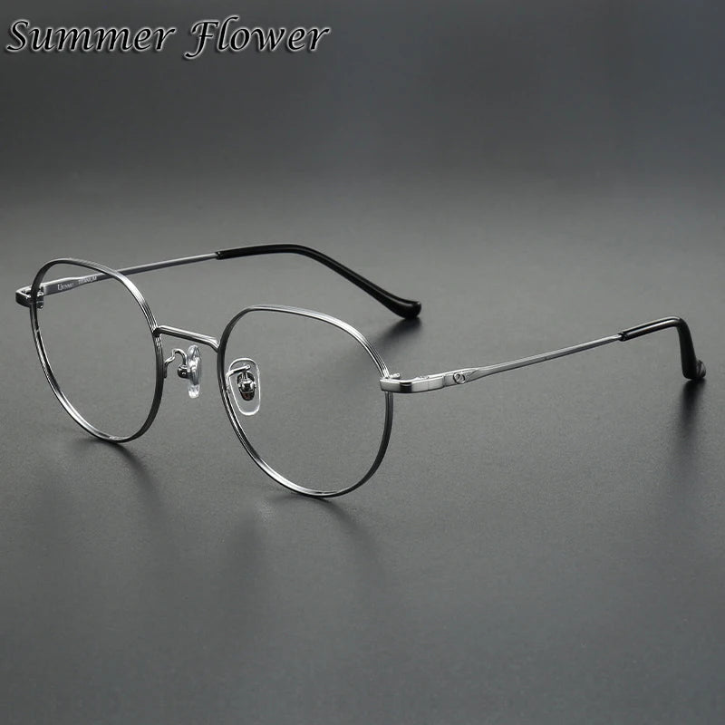 Summer Flower Women's Full Rim Flat Top Round Titanium Eyeglasses 10182 Full Rim Summer Flower Silver