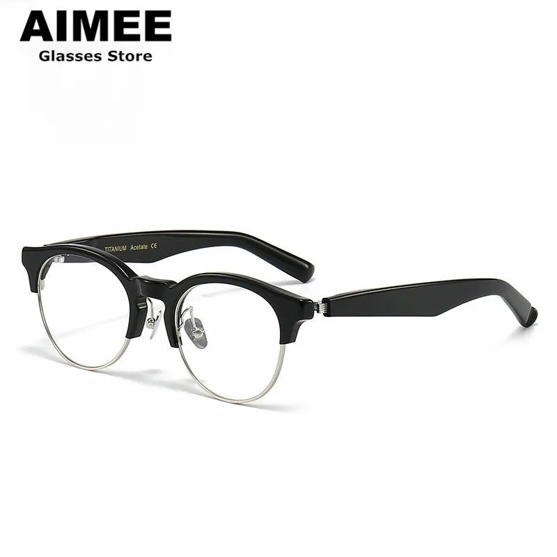 Aimee Unisex Full Rim Round Titanium Acetate Eyeglasses 1392 Full Rim Aimee Black-Silver  