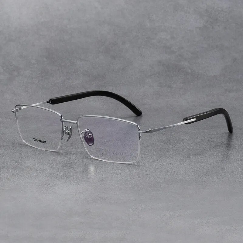Hdcrafter Men's Semi Rim Square Titanium Horn Temple Eyeglasses H2302 Semi Rim Hdcrafter Eyeglasses Silver  