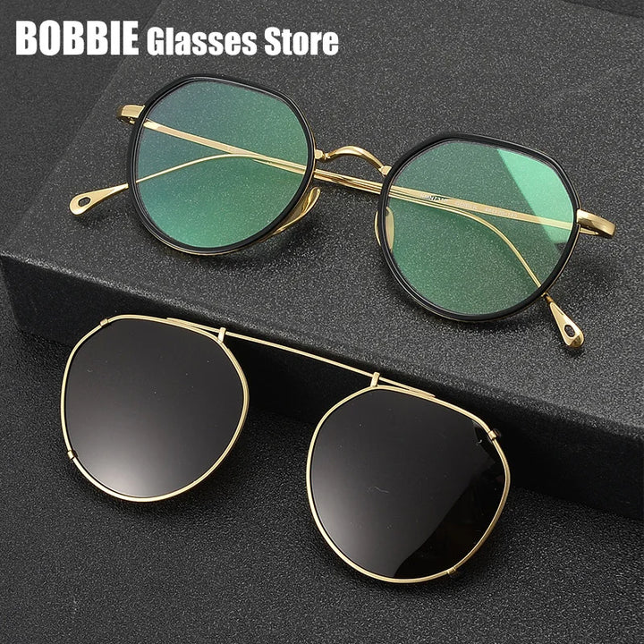 Bobbie Women's Full Rim Flat Top Oval Titanium Eyeglasses Clip On Sunglasses 617310