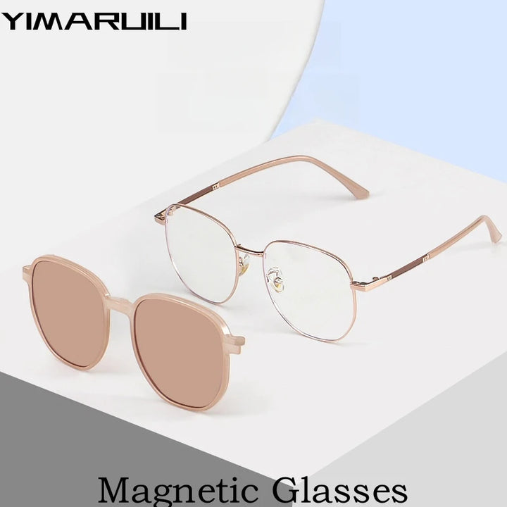 Yimaruili Women's Full Rim Round Alloy Eyeglasses Clip On Polarized Sunglasses Y1105 With Clip Ons Yimaruili Eyeglasses   