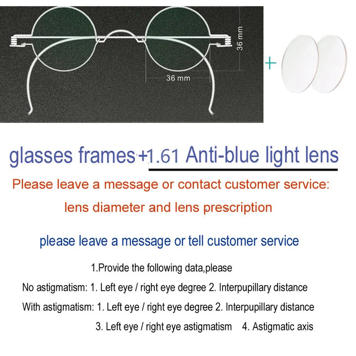 Yujo Unisex Full Rim Round Stainless Steel Eyeglasses 303236 Full Rim Yujo Anti blue light 36mm CHINA