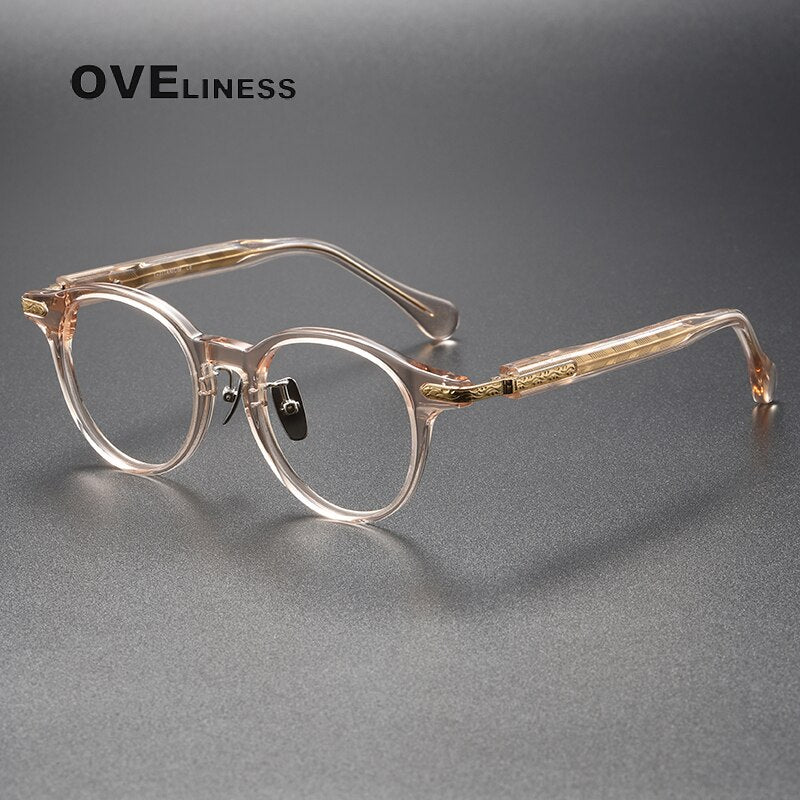 Oveliness Unisex Full Rim Round Acetate Titanium Eyeglasses 80853 Full Rim Oveliness brown gold  