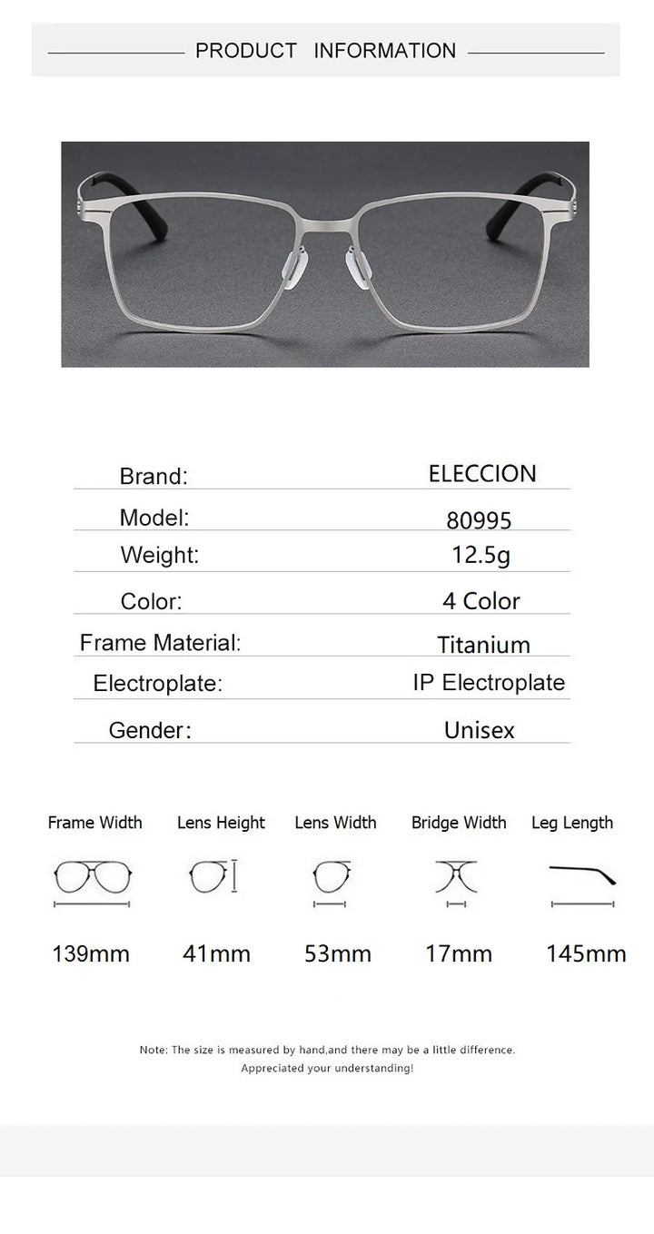 Eleccion Unisex Full Rim Square Screwless Titanium Eyeglasses 80995