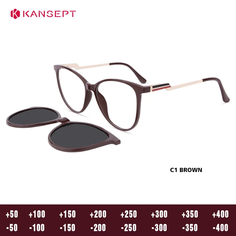 Kansept Women's Full Rim Square Tr 90 Alloy Reading Glasses Clip On Sunglasses 513003
