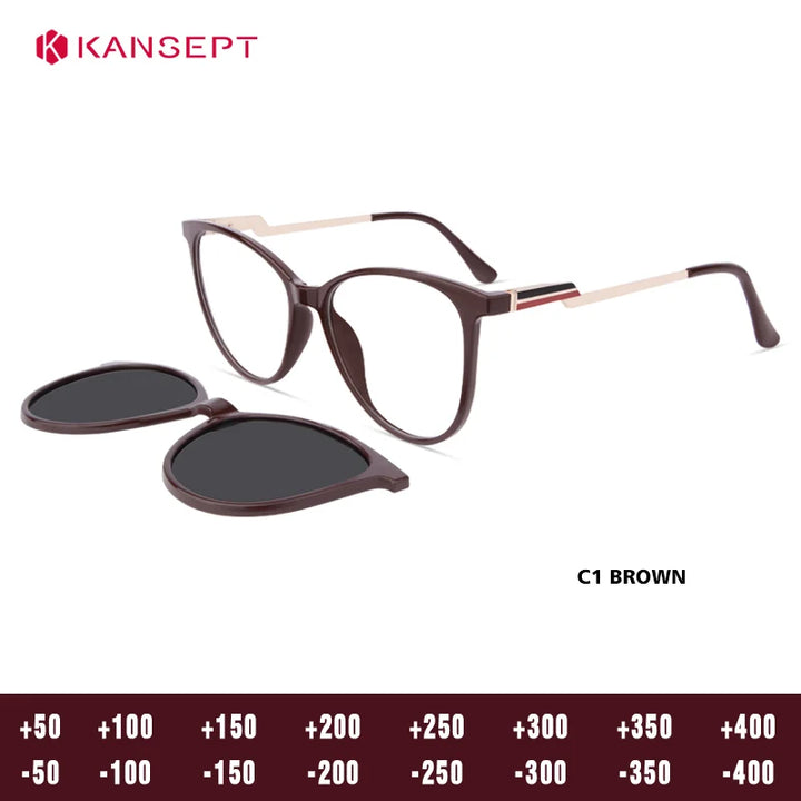 Kansept Women's Full Rim Square Tr 90 Alloy Reading Glasses Clip On Sunglasses 513003