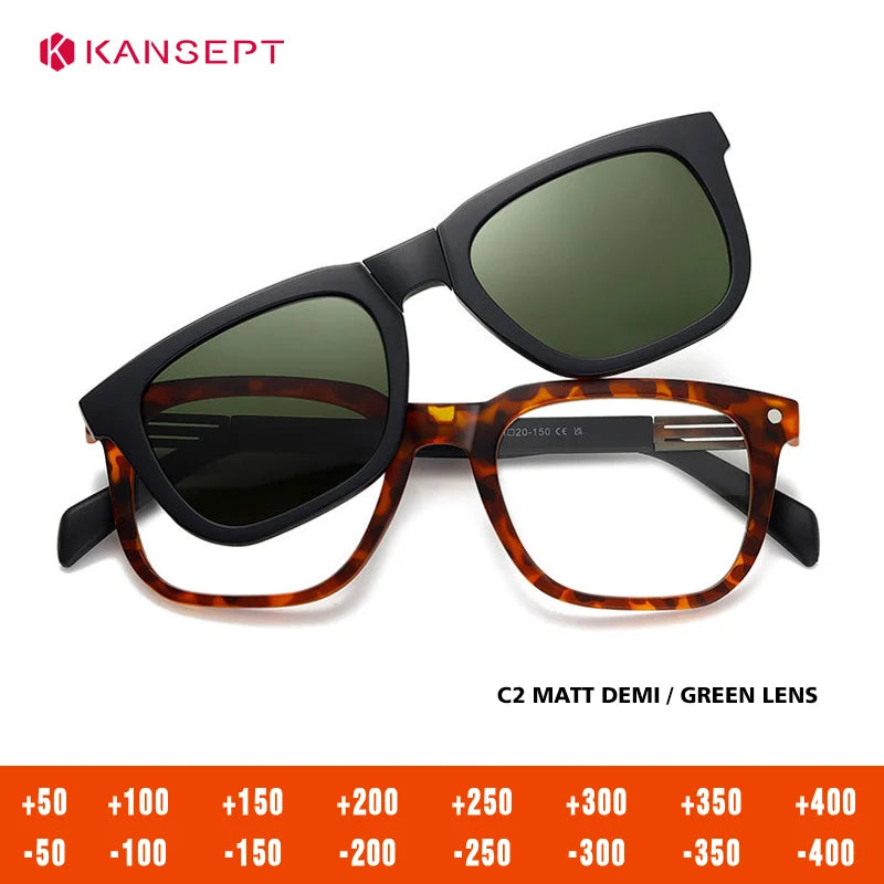 Kansept Women's Full Rim Square Tr 90 Alloy Reading Glasses Clip On Sunglasses 33104