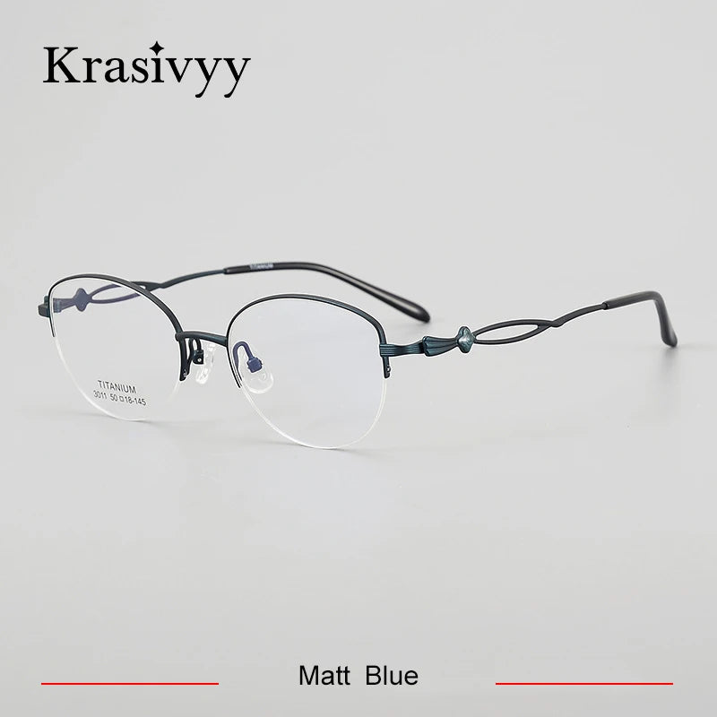 Krasivyy Women's Semi Rim Oval Round Titanium Eyeglasses 443011 Semi Rim Krasivyy Matt Blue  