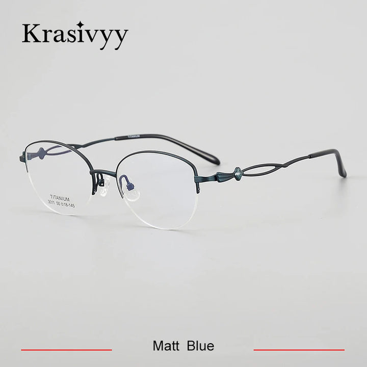 Krasivyy Women's Semi Rim Oval Round Titanium Eyeglasses 443011 Semi Rim Krasivyy Matt Blue  