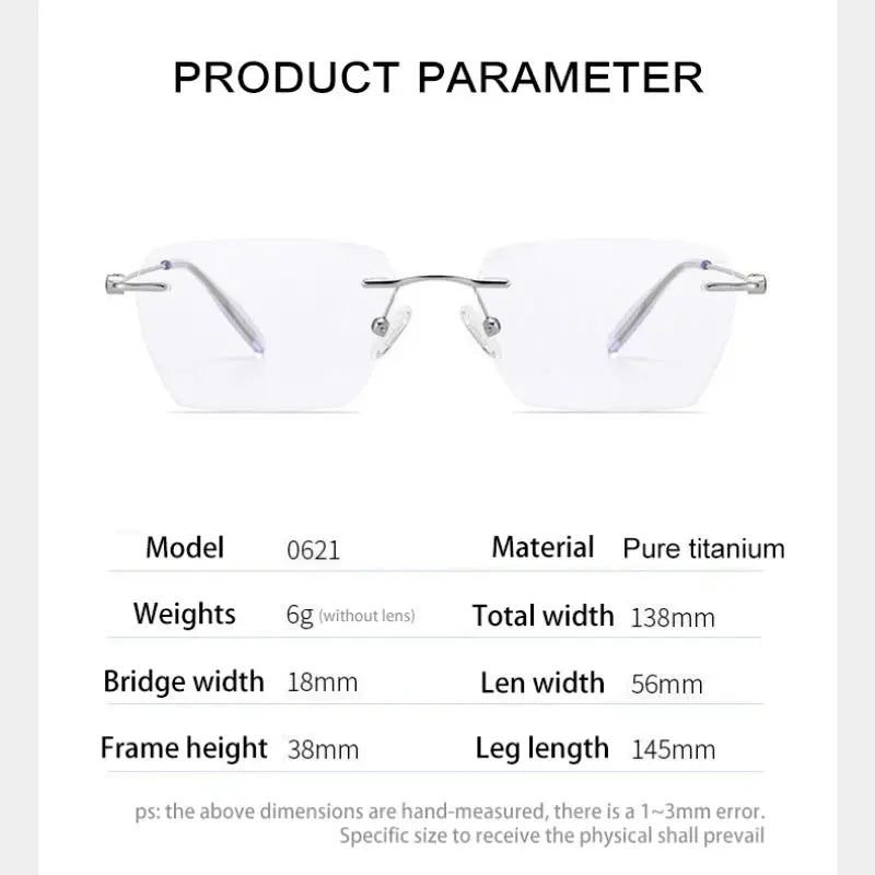 Vicky Unisex Rimless Square Titanium Reading Glasses V0620 — view 6 | Vicky at FuzWeb
