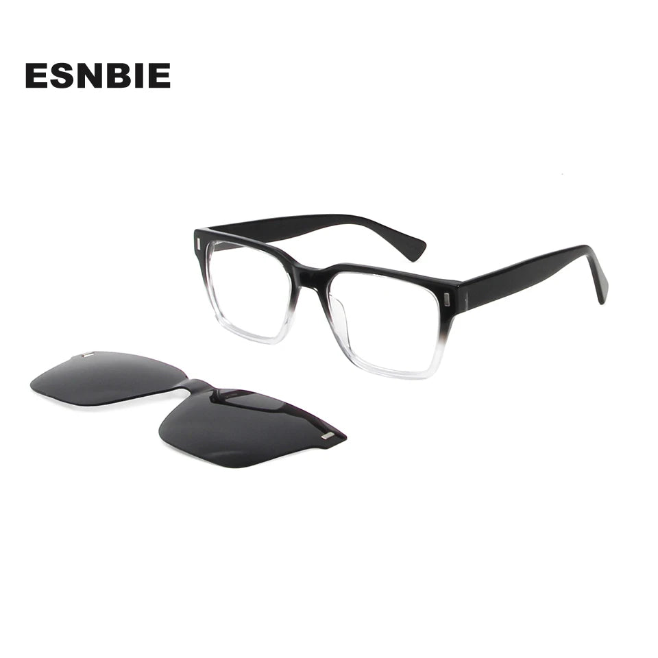 Esnbie Men's Full Rim Square Acetate Eyeglasses Clip On Sunglasses 811211
