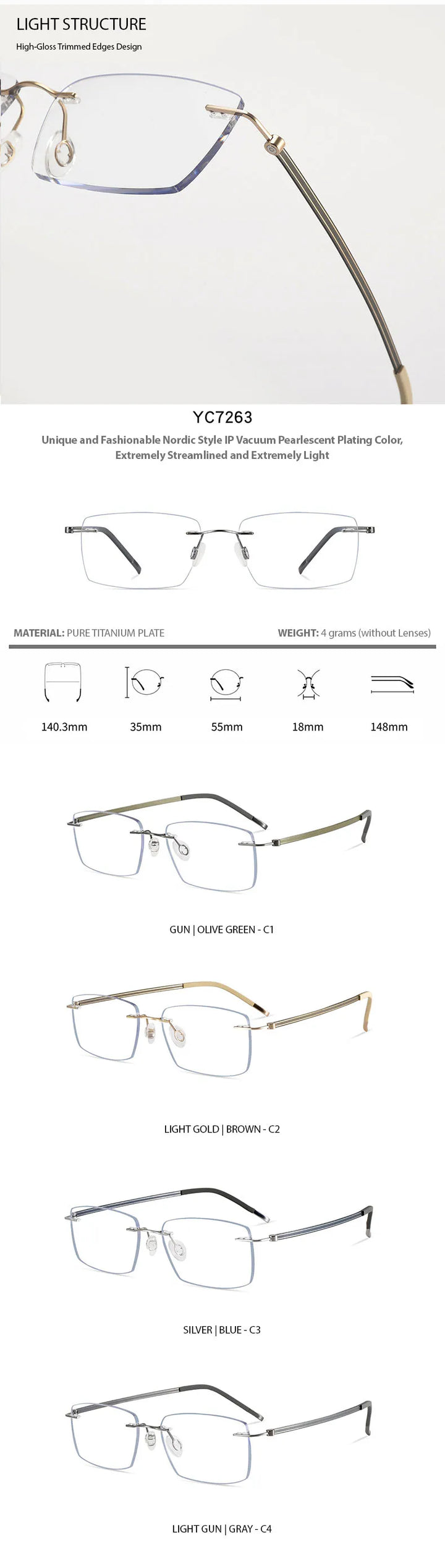 Chashma Men's Rimless Square Titanium Eyeglasses 7263 Rimless Chashma   