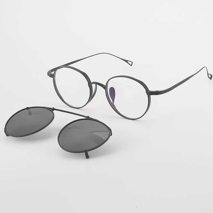 Black Mask Unisex Full Rim Round Titanium Eyeglasses Clip On Sunglasses 396113