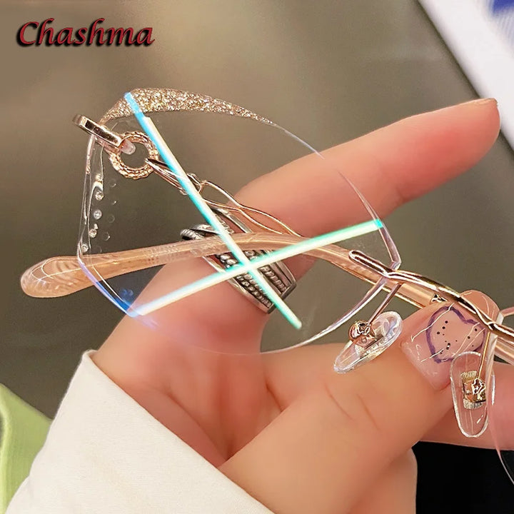 Chashma Ochki Women's Rimless Oval Glitter Edge Titanium Eyeglasses 318884