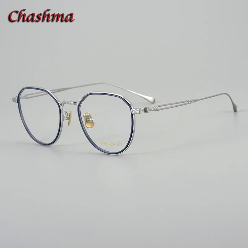 Chashma Ochki Unisex Full Rim Flat Top Round Titanium Eyeglasses 079 Full Rim Chashma Ochki Silver Blue  