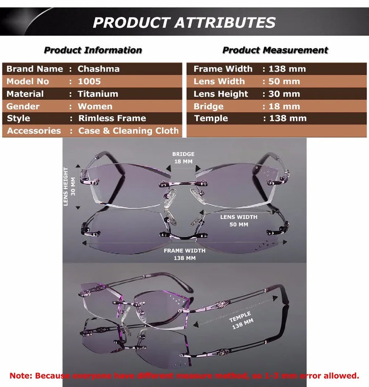 Chashma Ottica Women's Rimless Square Oval Titanium Eyeglasses 91005 Rimless Chashma Ottica