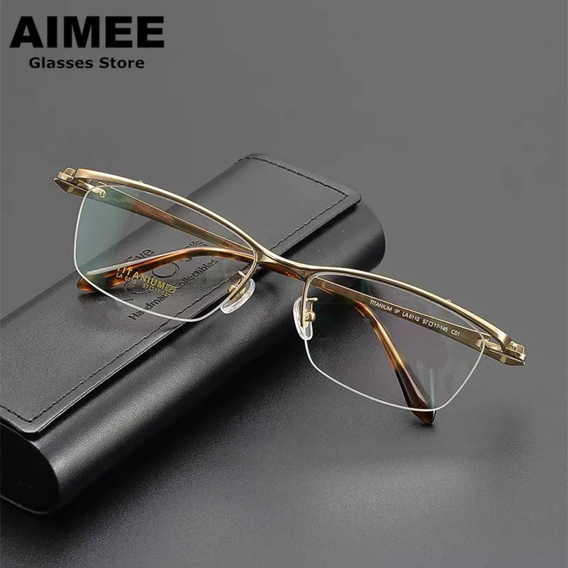 Aimee Unisex Semi Rim Square Brow Line Titanium Eyeglasses 46110